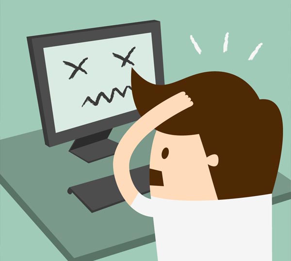 Riparazione Monitor PC Varese: illustrazione di un ragazzo davanti a monitor danneggiato