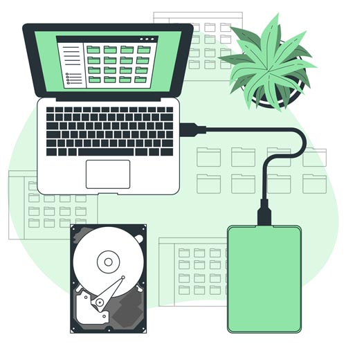 Riparazioni pc Milano: illustrazione di hard disk esterno collegato al pc per backup